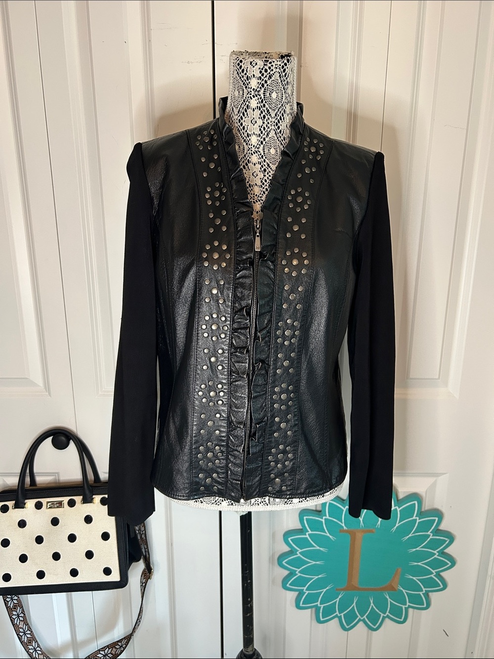 Edgy Chic! Peter Nygard Studded & Ruffled Leather Knit Moto Jacket Size M